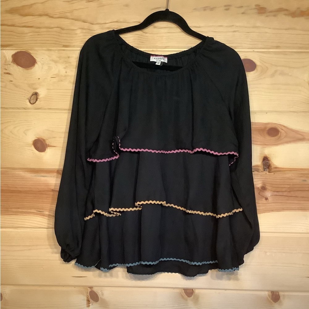 ANDREE BY UNIT Black Ruffled Blouse with Pink, Yellow and Green Accents.  Size S